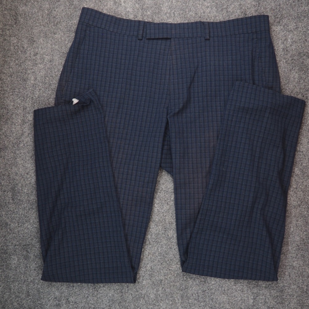 Reaction Kenneth Cole Dress Pants Mens 35x32 Blue Plaid Slim Fit Business Casual